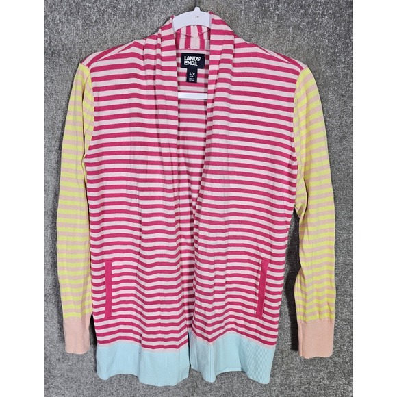 Lands' End Sweaters - Lands End Open Front Knit Cardigan Womens Size Small 6-8 Pink Striped Pockets